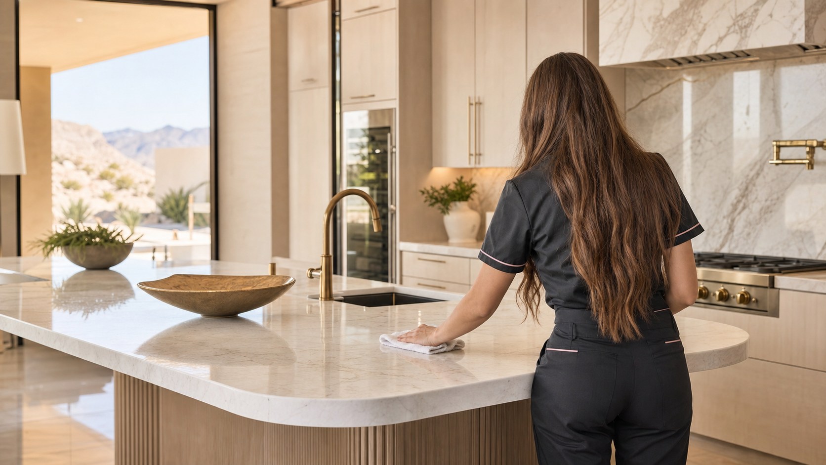 Cleaning professional shown from behind polishing a luxury marble kitchen
